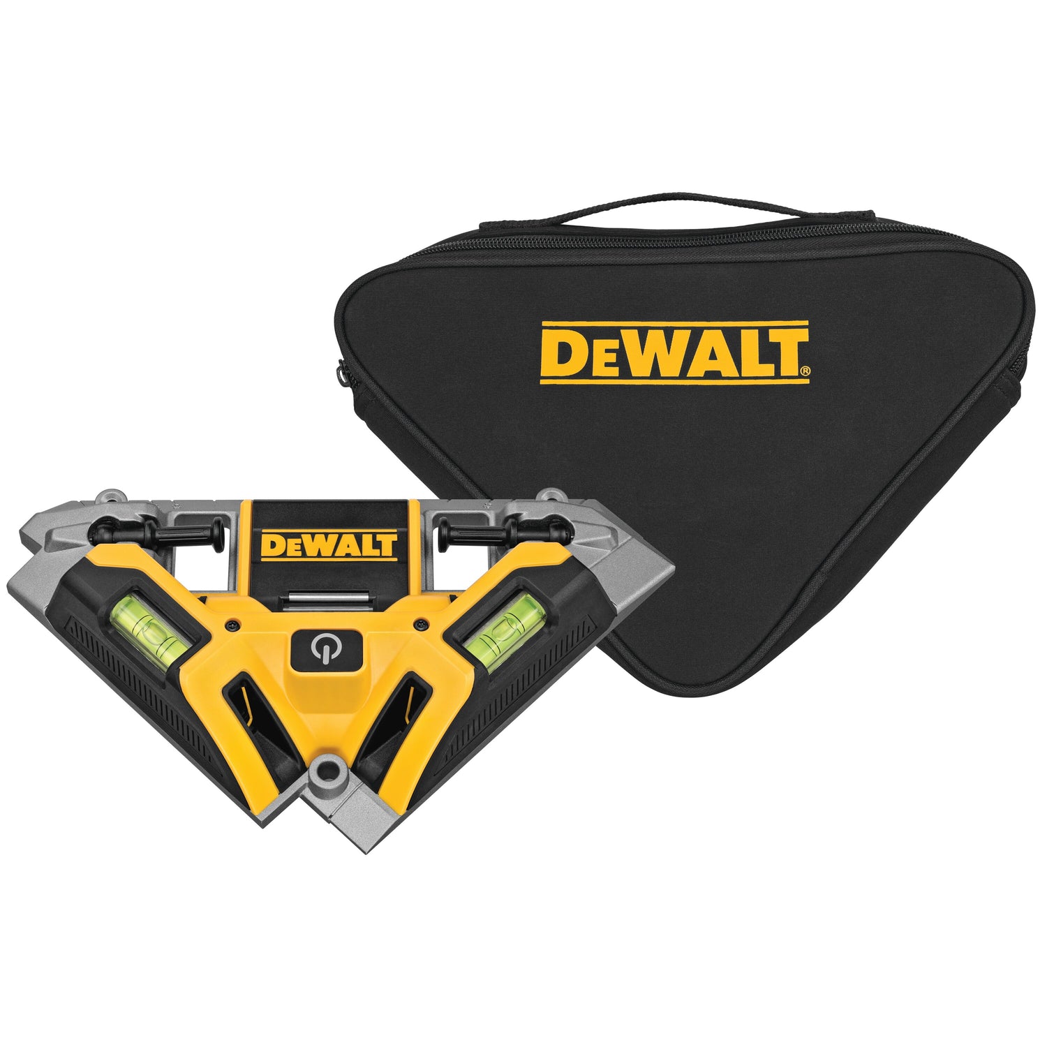 DEWALT DW0802 33 ft laser square with aluminum base, dual red beams, integrated mounting pins, and protective carrying case