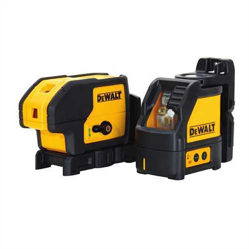 DeWALT green laser pointer with three high-visibility beams, single lever switch, and pendulum lock system for precise alignment
