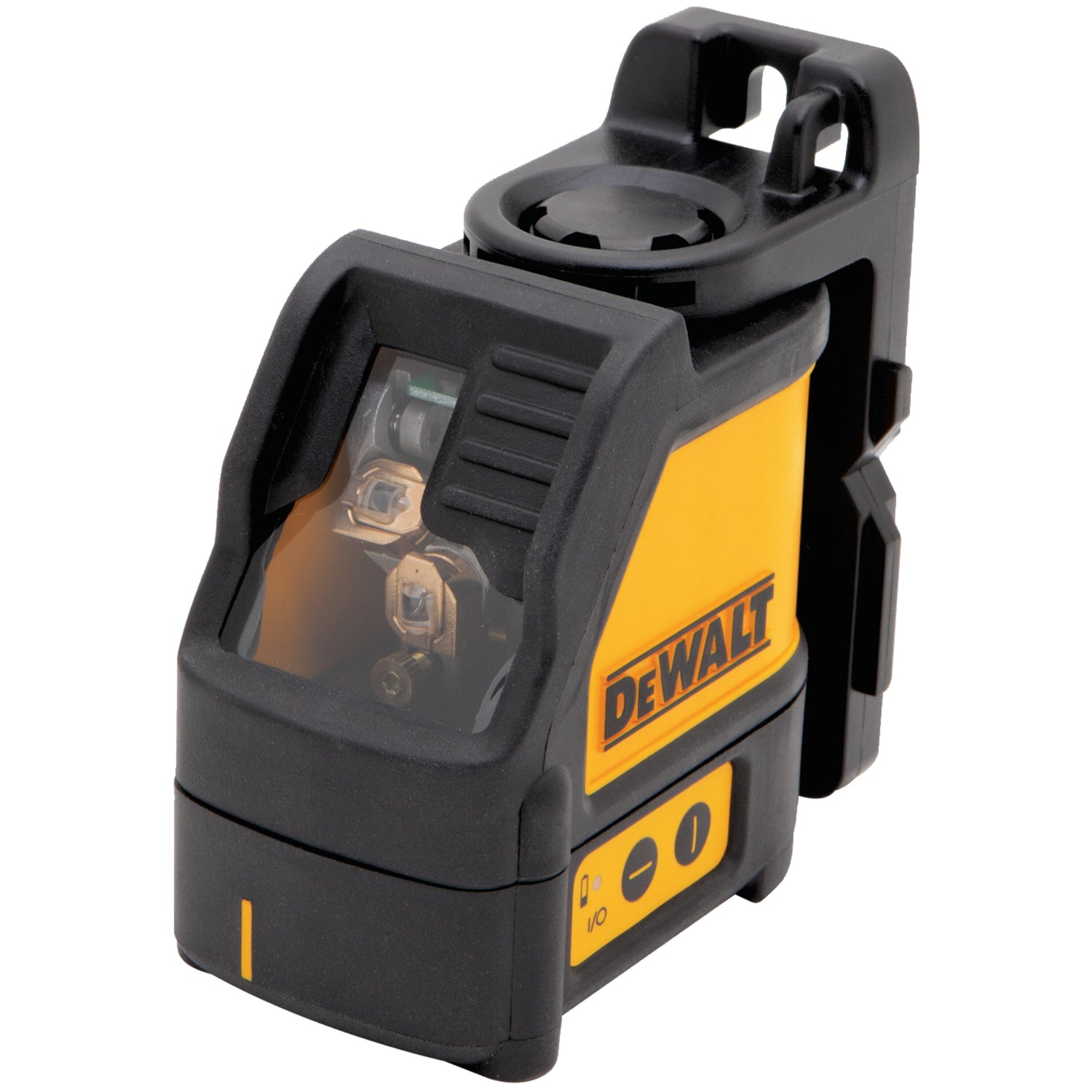 Yellow and black DEWALT cross line laser with level bubble and clip mount for precise horizontal and vertical alignment tasks