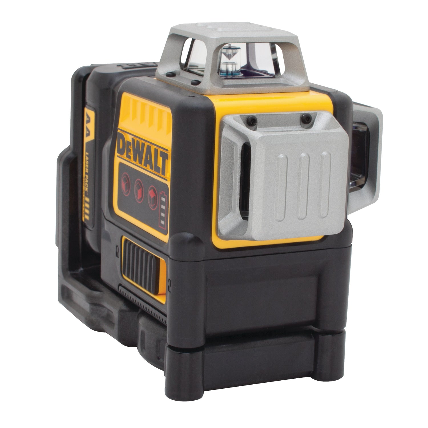 12V rechargeable lithium-ion laser level with 360-degree cross-line projection and durable yellow-black housing