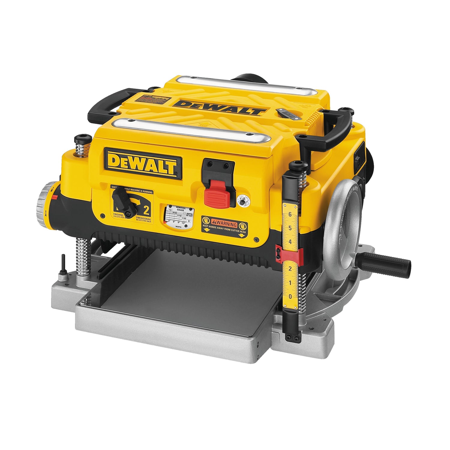 DeWalt 13-inch thickness planer with three knives, dual speed motor, depth adjustment, and durable yellow steel housing