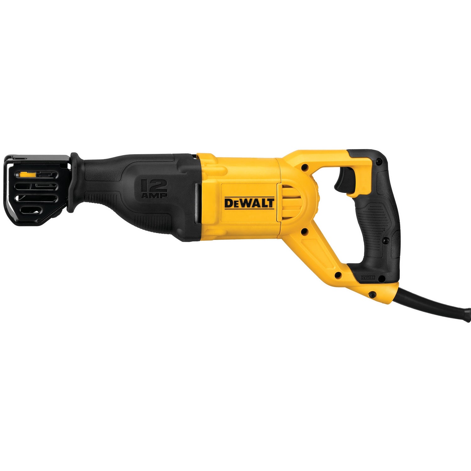 Yellow and black DeWalt 13 AMP reciprocating saw with ergonomic handle and durable construction for heavy-duty cutting tasks