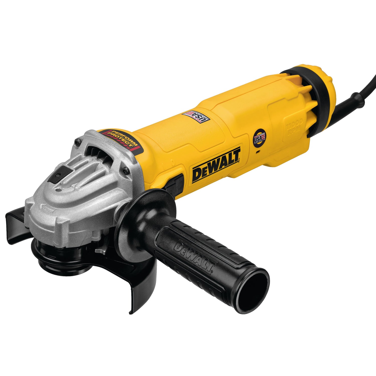 DeWalt 4-1/2 and 5 inch angle grinder with side-lock handle and metal gear housing for heavy-duty cutting and grinding tasks