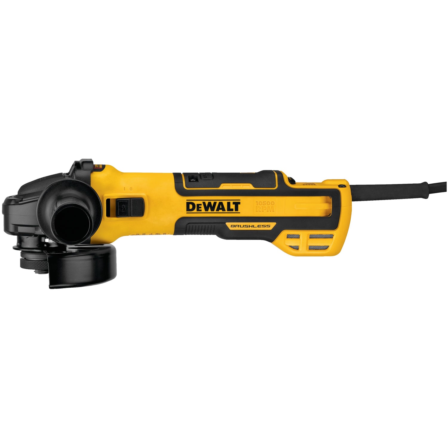 5-inch DeWALT brushless angle grinder with variable speed, sliding switch, and anti-kickback brake system
