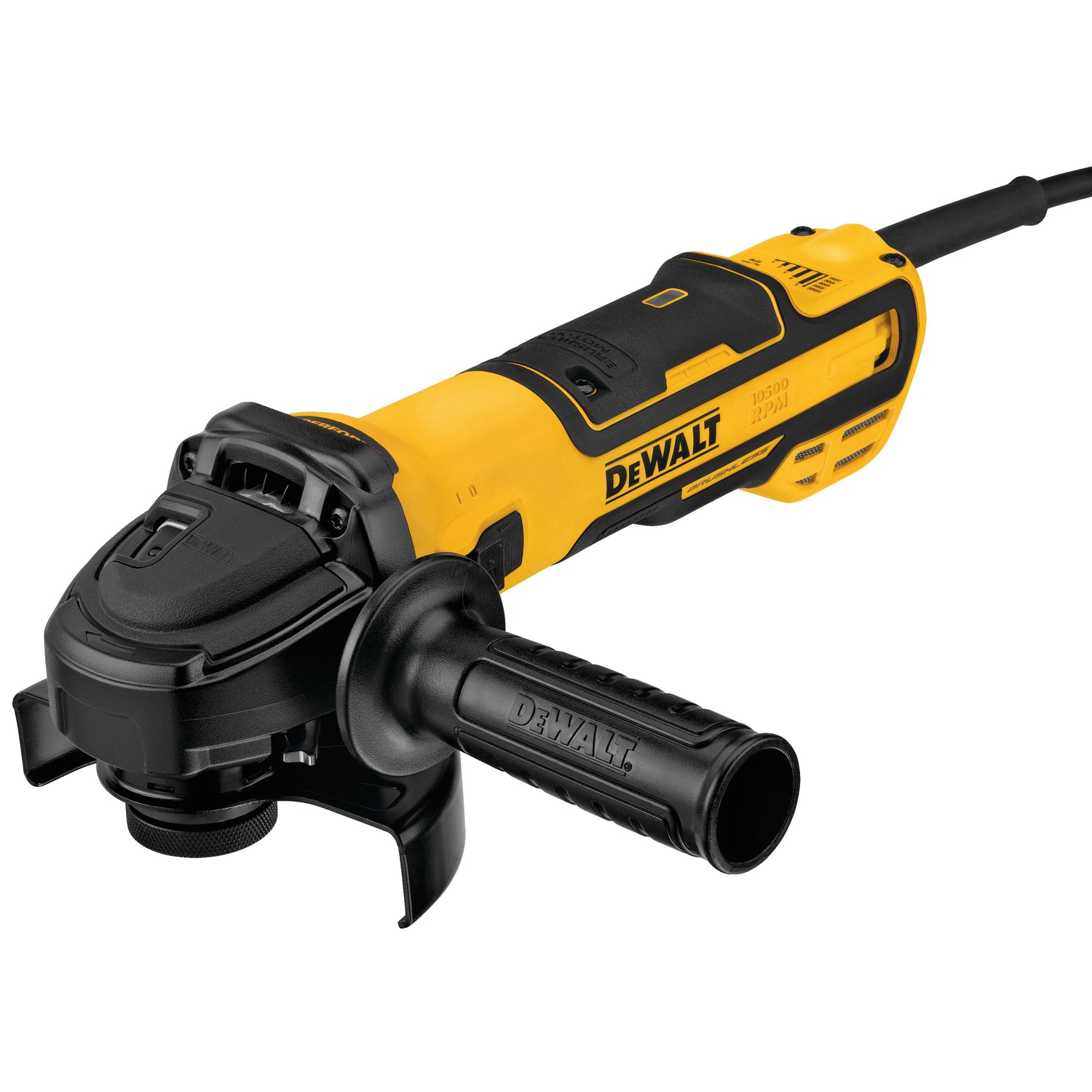 5-inch DEWALT brushless variable speed angle grinder with side handle and sliding switch for metal grinding tasks