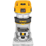 Compact variable-speed Dewalt router with 1.25 HP motor, LED lights, and ergonomic on/off switch for precision woodworking tasks