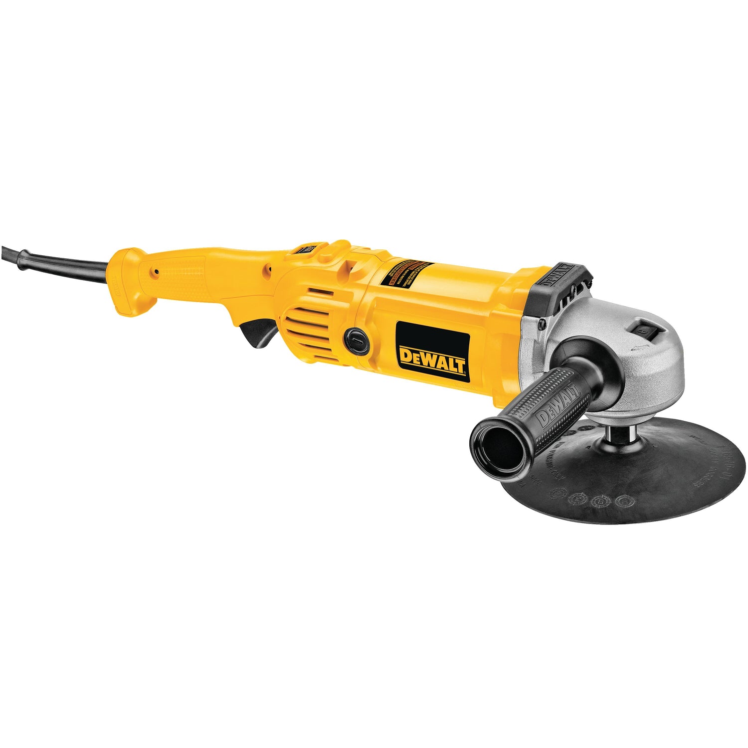 Yellow Dewalt variable speed polisher with 7 to 9 inch pad, 12 amp motor, ball bearing construction, and electronic control