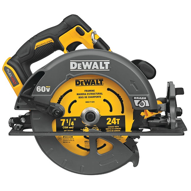 60V cordless circular saw with 7-1/4 inch blade, 24-tooth carbide blade, and adjustable bevel up to 57 degrees
