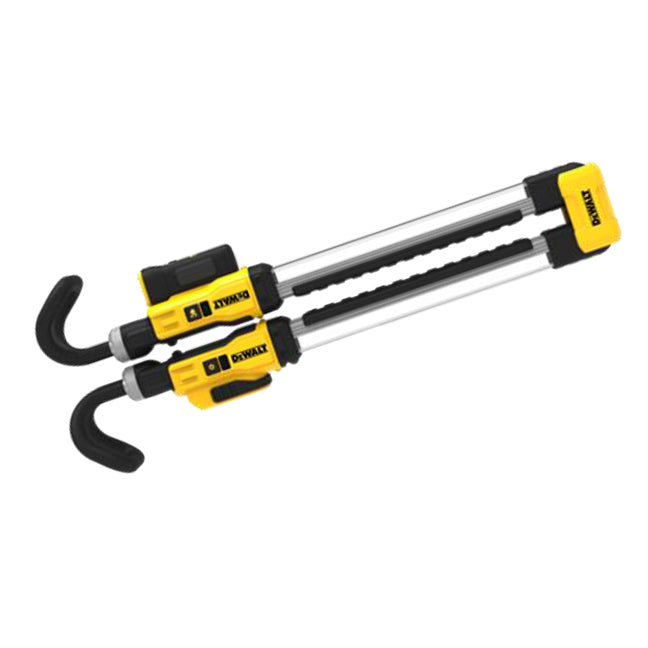 Dual yellow and black Dewalt mechanical work light with extendable arms and protective rubber hooks for versatile lighting