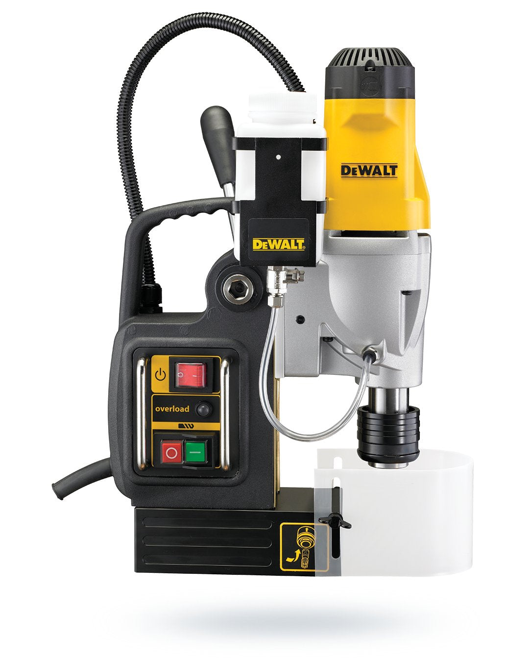 2-inch DeWalt magnetic drill with 10-amp motor, two-speed settings, overload protection, and coolant system reservoir