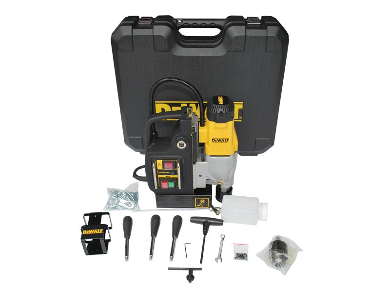 DeWalt 2" magnetic drill with 10 amp motor, two-speed control, overload protection, and complete accessory kit with carrying case