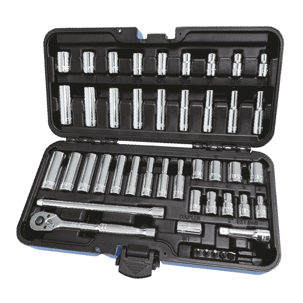 45-piece 1/4" chrome socket set with ratchet, extensions, and metric and SAE deep sockets in black plastic case