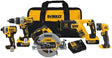 DEWALT 5-piece 20V MAX tool set with brushless drill, circular saw, impact driver, charger, batteries, and carrying bag