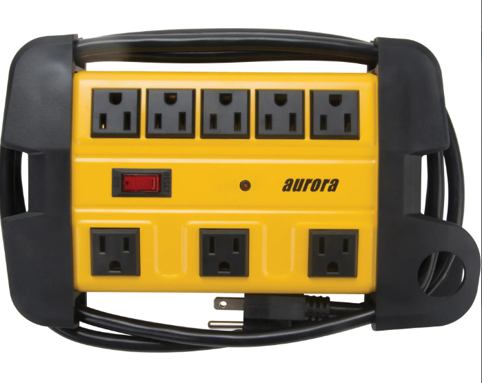 6-foot yellow power strip with 8 outlets, built-in surge protector, on/off switch, and heavy-duty cord