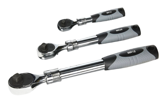 Set of three extendable ratchets MR14, MR38, and MR12 with thermal plastic overmolded handles and 72-tooth precise heads