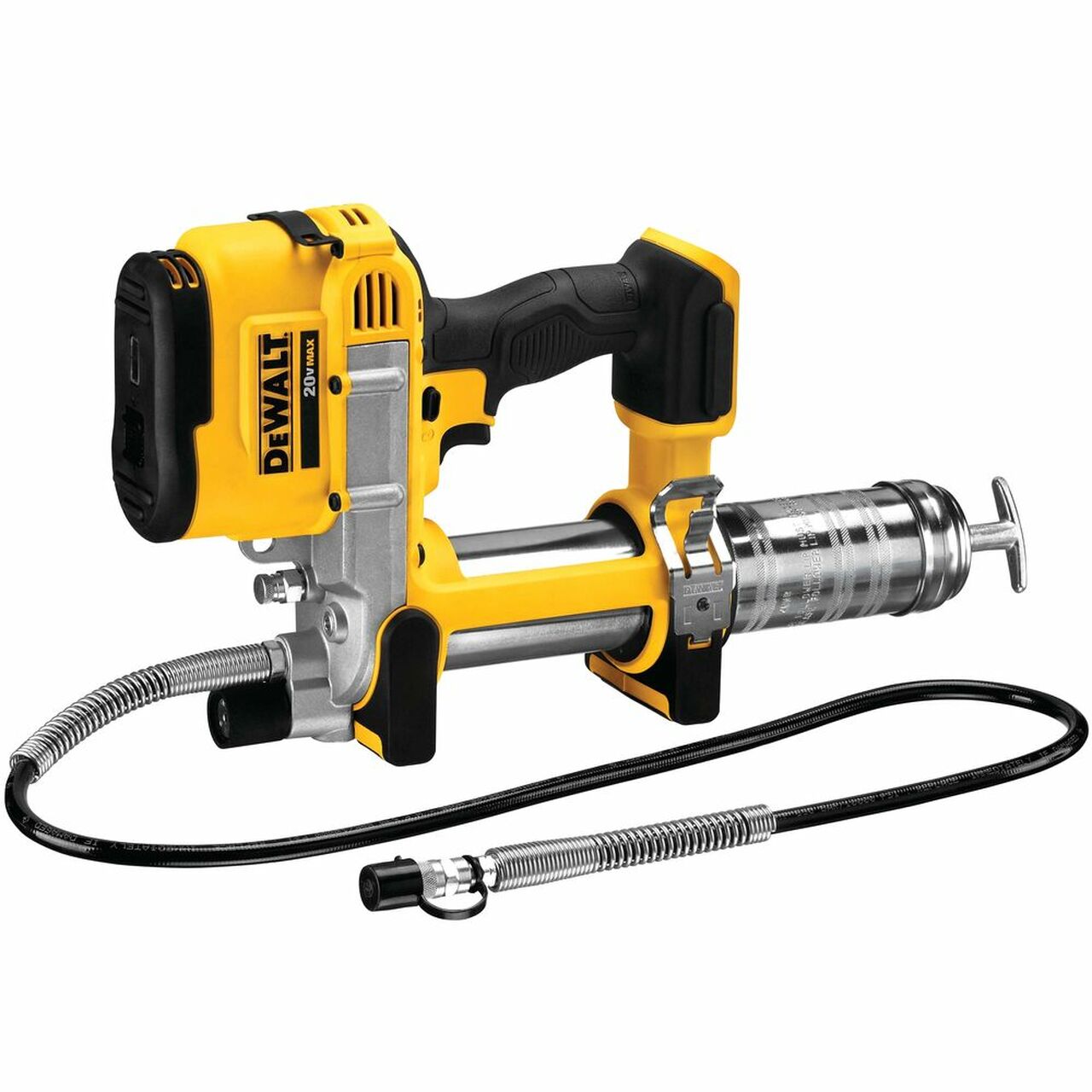 20V cordless grease gun with high-pressure motor, flexible hose, ergonomic grip, and durable metal cartridge holder