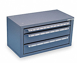 Metal storage cabinet with three drawers labeled from 1/16 to 1/2 for organizing small precision tools or parts