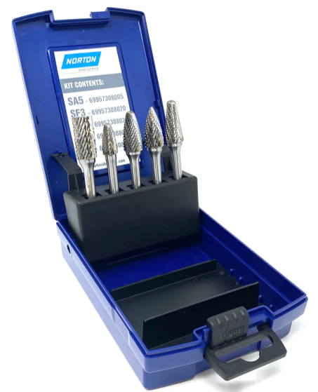 5-piece Norton carbide rotary file set in blue plastic case with labeled kit contents and secure latch closure