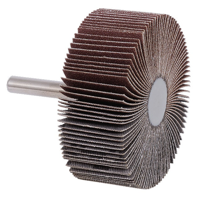 High-performance 1" x 1" flap wheel on 1/4" shank with GR120 abrasive for aggressive material removal