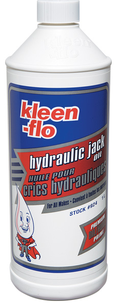 1L bottle of Kleen-Flo hydraulic jack oil with premium paraffin-based formula, prevents rust and oxidation