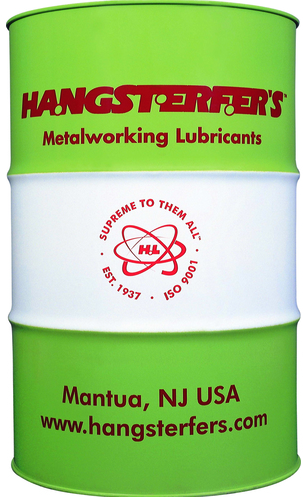 205L green and white metal drum of Hangsterfer's S-500CF metalworking lubricant with red branding and website details