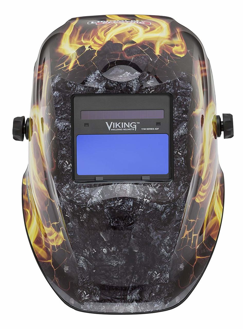 Auto-darkening welding helmet with fiery flame graphics and adjustable side knobs for secure fit and protection