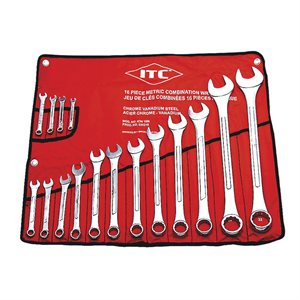 16-piece chrome vanadium combination wrench set with heat-treated, embossed body in red fabric roll-up pouch
