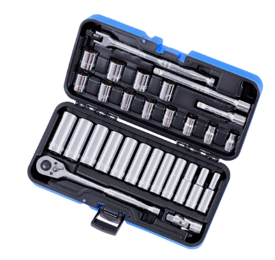 3/8" metric chrome socket wrench set with 30 pieces including ratchet, extensions, universal joint, and flexible handle