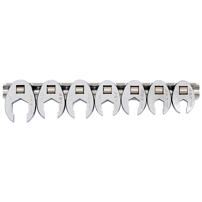 7-piece SAE set of crowfoot wrenches with slotted openings for hard-to-reach hex nuts on hoses or pipes