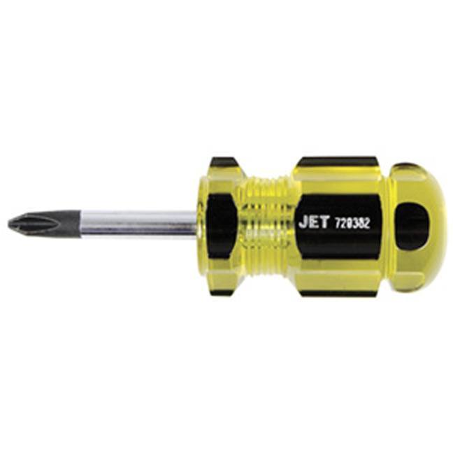 Jet brand stubby Phillips screwdriver with enlarged grooved yellow acetate handle for maximum torque and chemical resistance