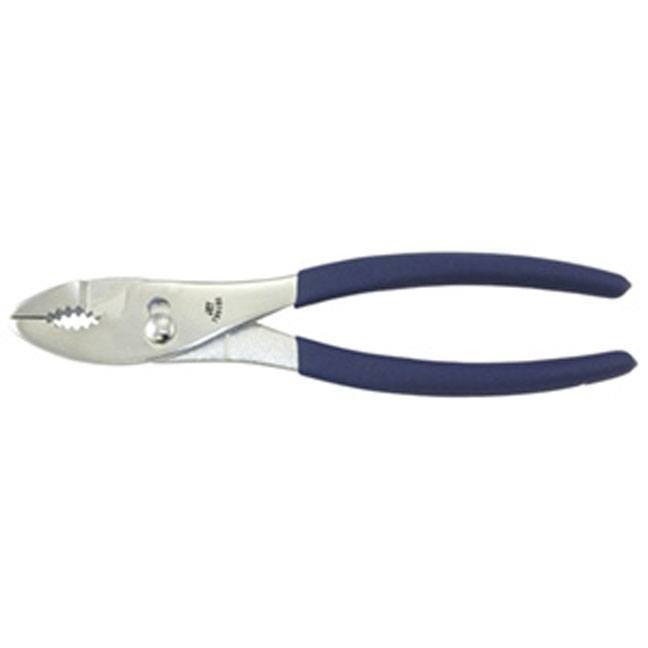 Articulated joint pliers with induction-hardened carbon steel blades and cushioned double-molded blue handles for comfort
