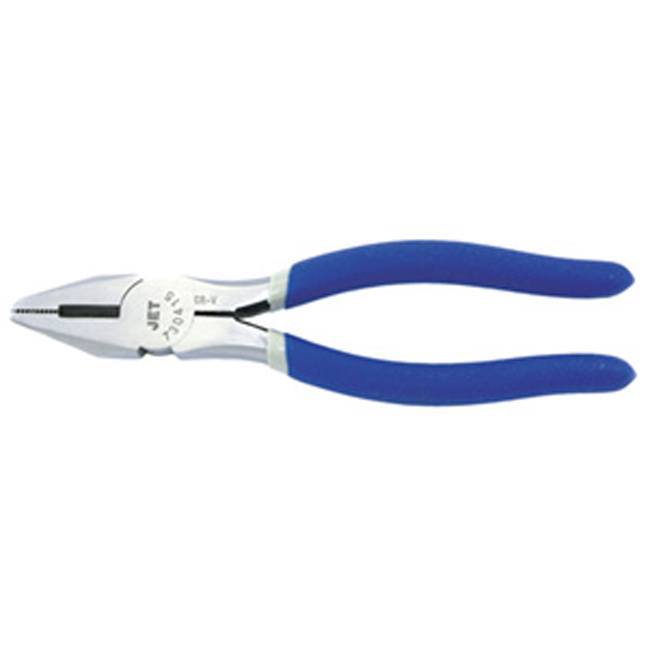 Chrome vanadium steel lineman pliers with induction-hardened cutting edges and dual molded cushioned blue handles