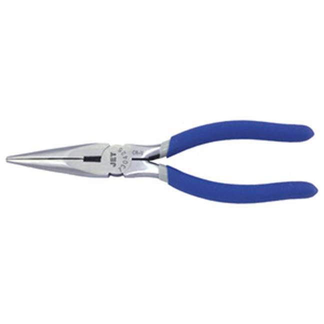 Long nose pliers with blue double-molded cushioned handles and chrome vanadium steel construction for durability and precision