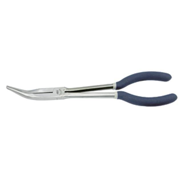 Chrome vanadium long curved-nose pliers with induction-hardened cutting edges and cushioned double-molded handles