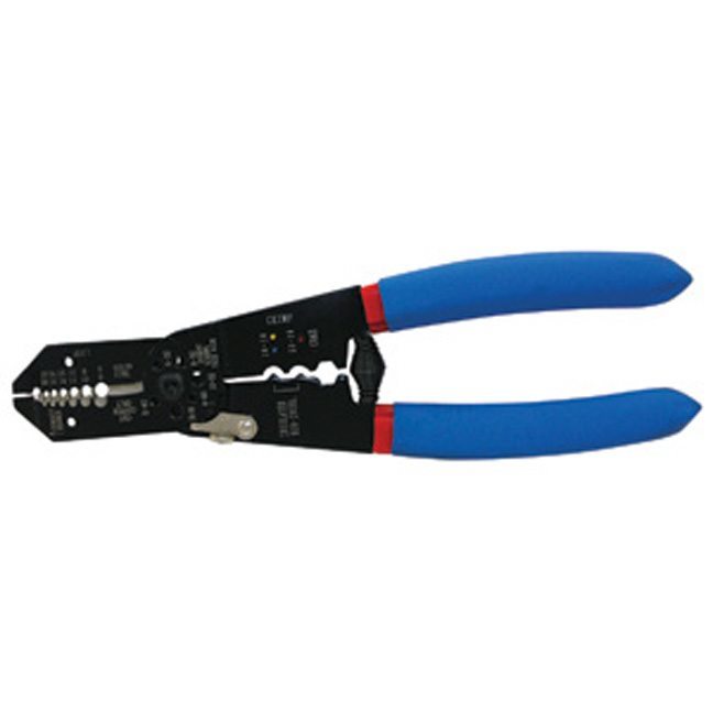 Electrician's wire stripper, cutter, and crimper with blue cushioned handles and hardened chrome vanadium steel blades