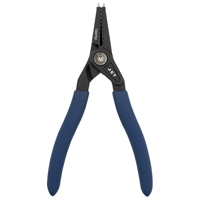Jet brand internal and external snap ring pliers with blue grip handles and hardened steel tips designed for heavy-duty use