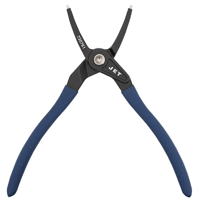 Jet internal and external snap ring pliers with straight jaws, blue handles, and hardened steel tips for heavy-duty use