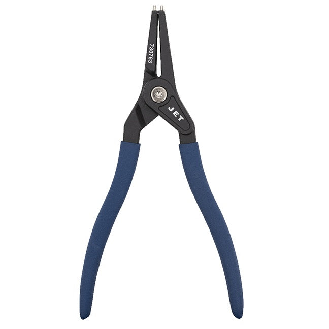 Jet internal and external circlip pliers with black hardened SUJ2 steel tips and blue rubber grip handles for heavy-duty use