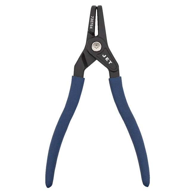 Heavy-duty Jet snap ring pliers with straight black steel jaws and blue ergonomic handles for internal and external ring use