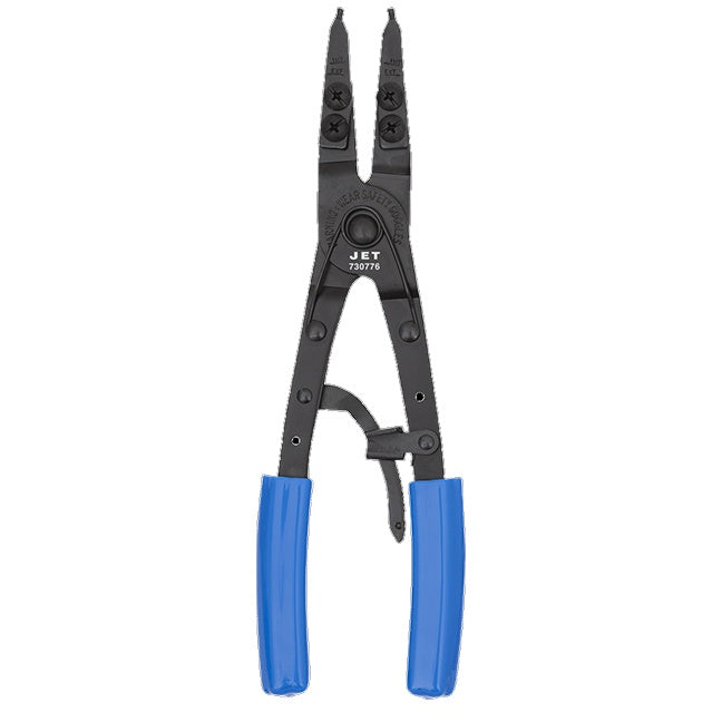 Heavy-duty Jet snap ring pliers with blue handles, straight and angled tips for internal and external ring use
