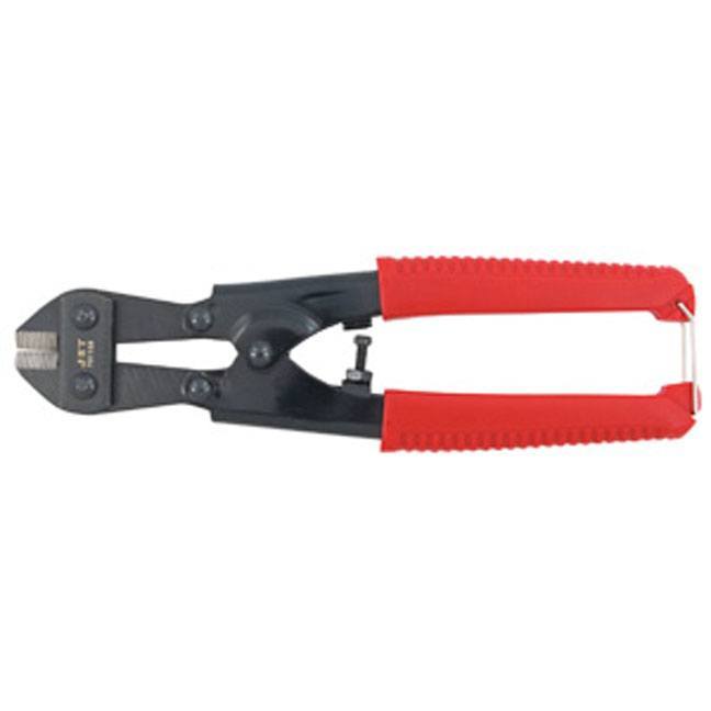 Jet bolt cutter with serrated blades and red textured handles for cutting bolts, rods, rivets, and chains in soft or alloy steel