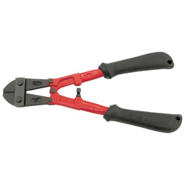 Red bolt cutter with black cushioned handles and serrated cutting jaws for metal bolts, rods, and chains