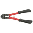 Red bolt cutter with black cushioned handles and serrated cutting jaws for metal bolts, rods, and chains