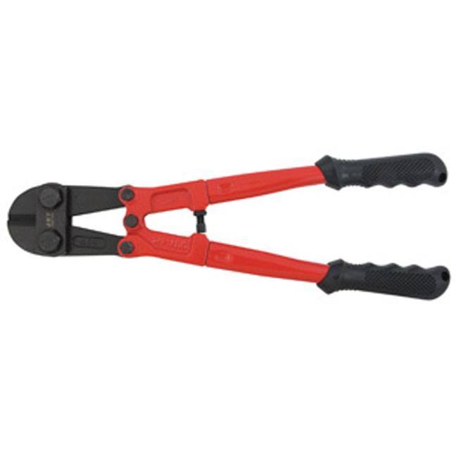 Red and black bolt cutter with ergonomic rubber handles, designed for cutting bolts, rods, rivets, and soft steel chains