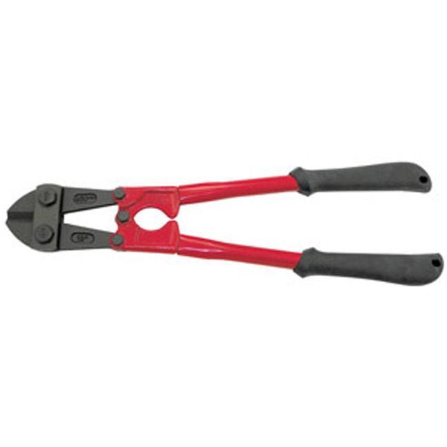 Jet bolt cutter with red handles and black cutting head, designed for cutting bolts, rods, rivets, and chains
