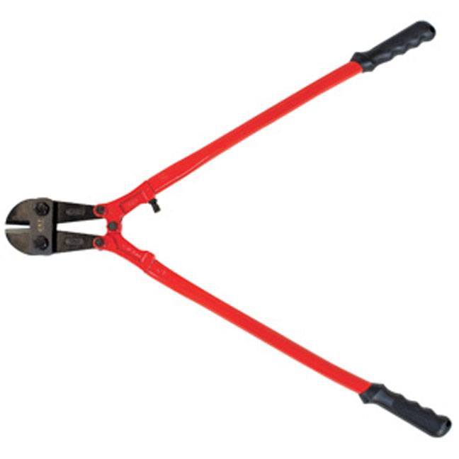 Heavy-duty bolt cutters with long red handles, ergonomic grips, and hardened cutting blades for metal cutting tasks