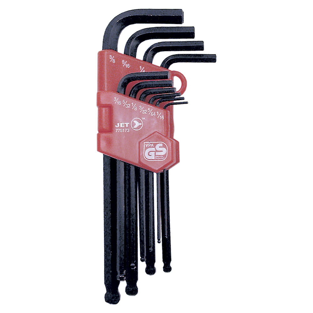 10-piece SAE hex key set with ball end, black finish, and red molded storage holder for organized tool access
