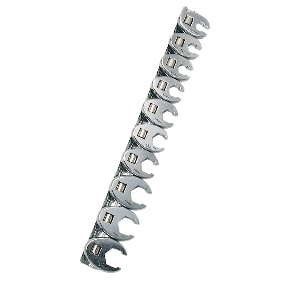 10-piece metric crowfoot wrench set with open groove design for restricted spaces and hose clearance