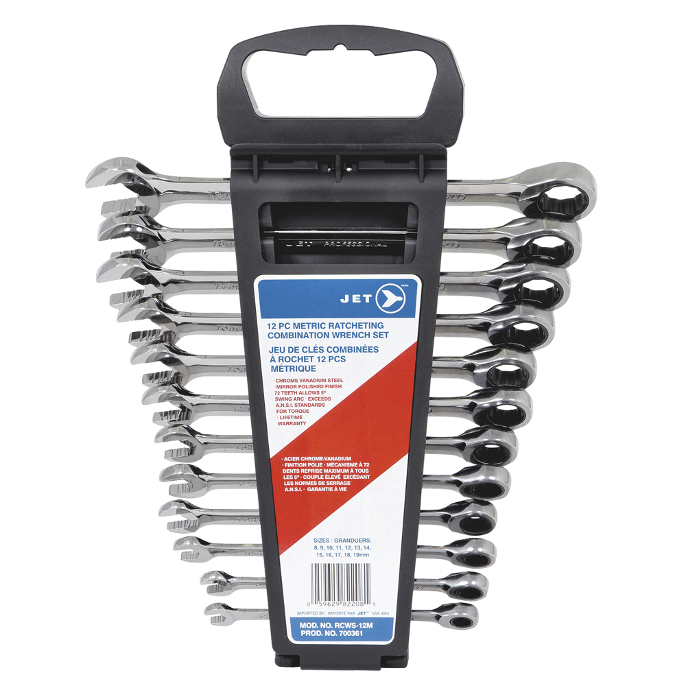 12-piece metric ratcheting combination wrench set with 72-tooth ratchet mechanism and anti-slip torque drive heads