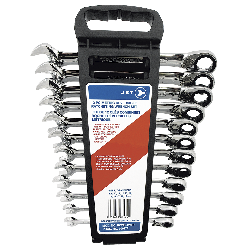 12-piece metric ratcheting wrench set with reversible ratchet mechanism and polished chrome vanadium steel finish